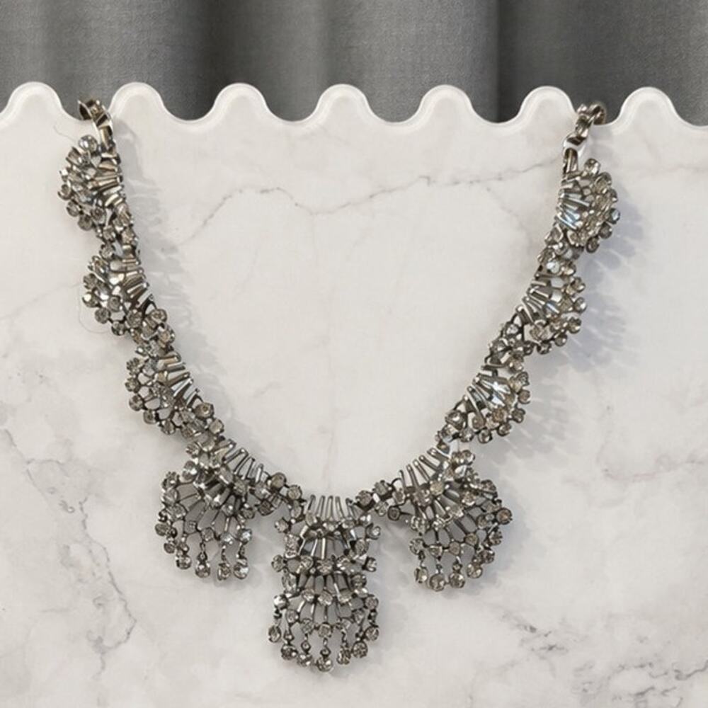 Vintage Rhinestone Statement Bib Necklace Silver Tone Chandelier Fringe